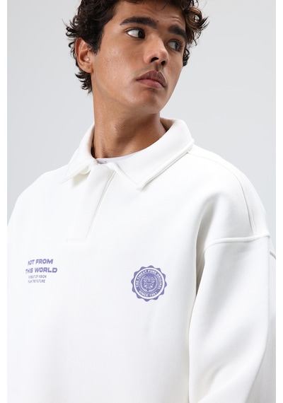 Vamos Polo Yaka Oversize Baskılı Yıkamalı Sweatshirt Ekru