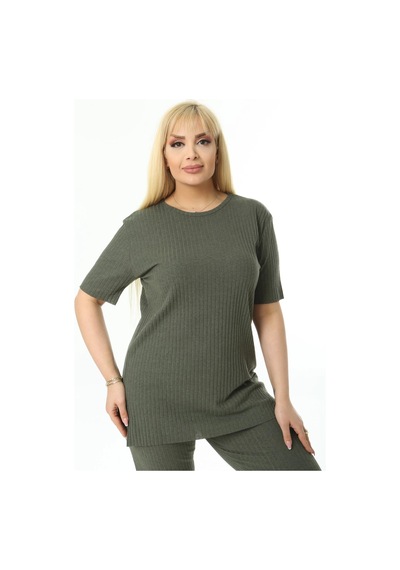 Modasehle Kadın Kısa Kollu Beli Lastikli Yırtmaçlı Rahat Kalıp İkili Pijama Takım Haki