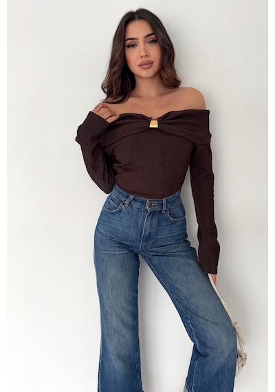 Noa & Noa Kadın Omuz Açık Toka Detaylı Bluz Burgundy Charm Kahverengi