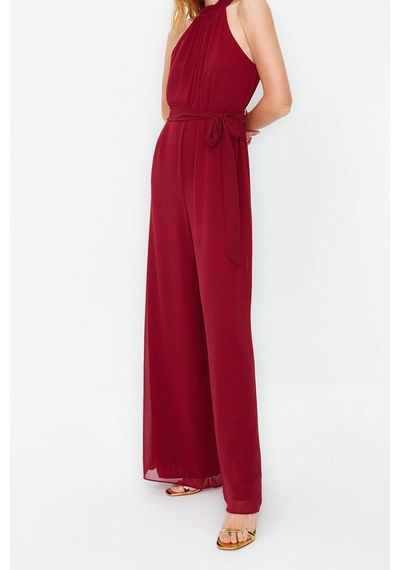 Ersefa Kadın Moda Standart Kol Geniş Paça Halter Yaka Uzun Kuşaklı Maxi Bordo