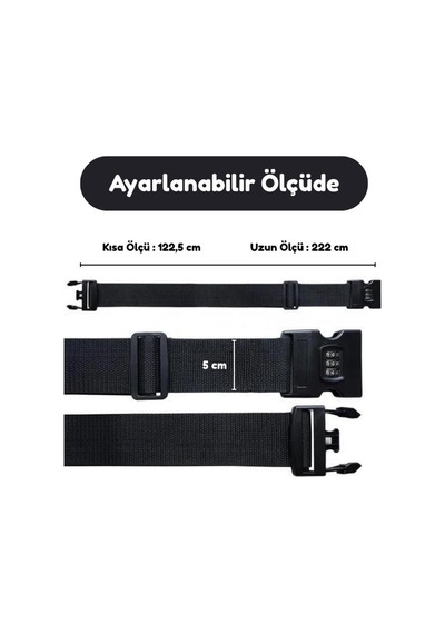 Temel Siyah Valiz Kemeri, 3 Haneli Şifreli Ayarlanabilir Bavul Güvenlik Kemeri