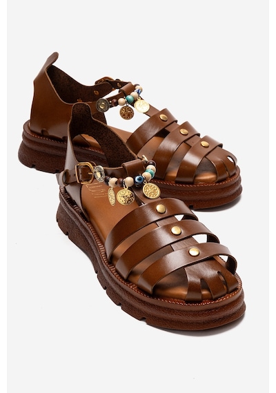 Luvishoes Solıs Taba Hakiki Deri Boncuklu Kadın Sandalet