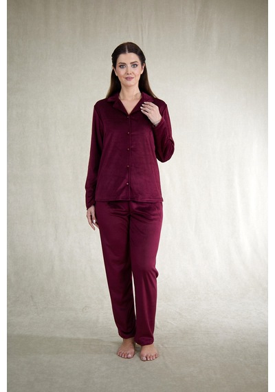 Estiva Kadın Önden Düğmeli Kadife Pijama Takımı Bordo