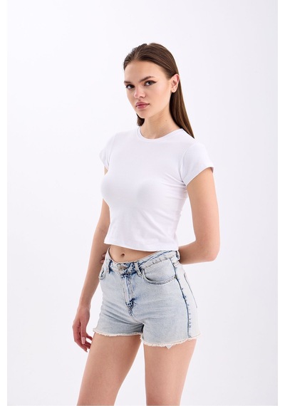 Startmore Likralı Baby Tee Beyaz Crop %100 Pamuk Penye Düz Baskısız Crop