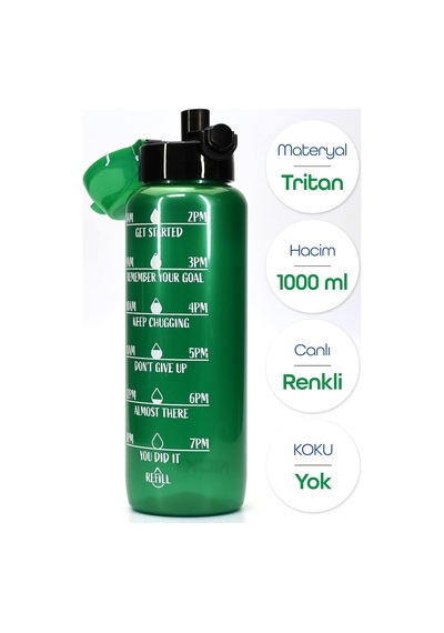 Su Matarası Tritan Geniş Ağız Su Şişesi Motivasyon Spor Matarası Suluğu Bpasız 1000 Ml Yeşil T0103 Çok Renkli