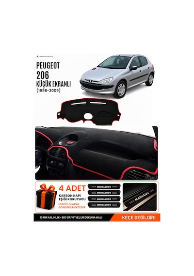 Peugeot 206 Küçük Ekranlı 1998-2009 Uyumlu Torpido Örtüsü, Torpido Kılıfı - Siyah-kırmızı - Pe003