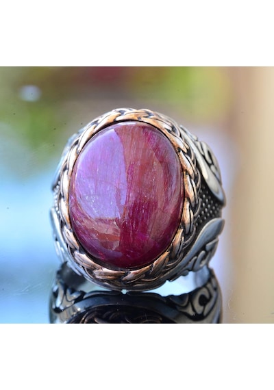 Gerçek Doğal Cabochon Yakut Taşı, Yakut Yüzük, Sterlin Gümüş Erkek Yüzüğü, Pembe Gümüş