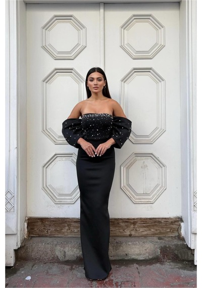 DefyModa Kadın Esnek Tül Kumaş Straplez Abiye Elbise Siyah