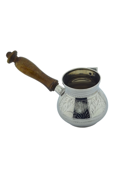 El Yapımı 350ml Dekoratif İşlemeli Ahşap Saplı Kalın Pirinç Cezve 9,5cmx10cm