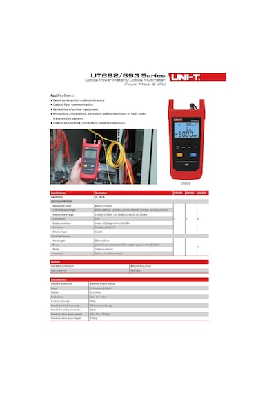 Uni-trend Fiber Optic Tool Optical Power Meter Visual Fault Locator Ut692d Ut693d -70-10dbm -50