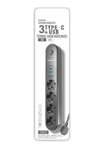 Termal Akımm Korumalı 4 Prizli Usb Girişli Uzatma Kabloosu Le