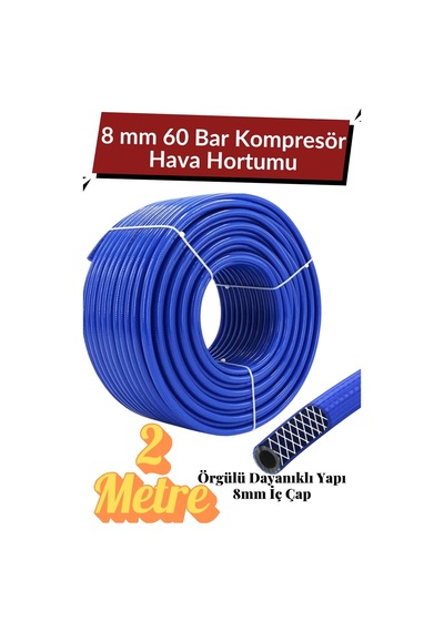 2 Metre Kompresör Hava Hortumu 8 Mm Termo Hortum Mavi Thermo Hortum Basınca Dayanıklı Hortum