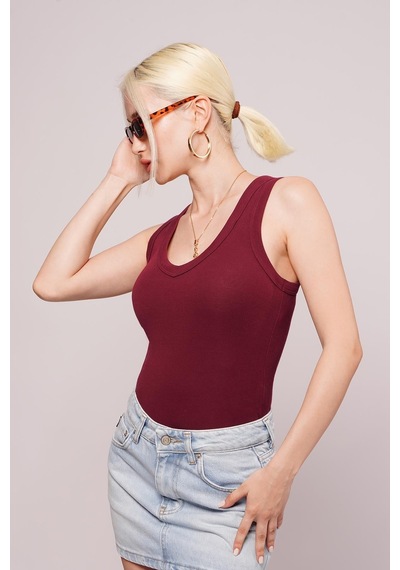Madmext Koyu Bordo Derin V Yaka %100 Pamuklu Basic Kadın Atlet Mg2405