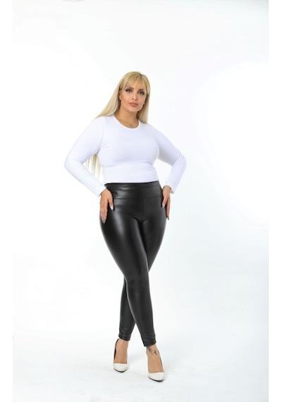 Eceyaman Moda Kadın Siyah Yüksek Bel Kalın Kemerli Korseli Likralı Içi Kadife Mat Siyah Deri Büyük Beden Taytsiyah 2Xl Siyah