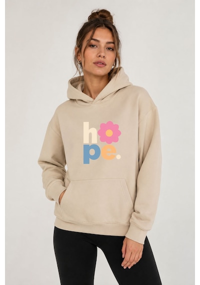 Herkesemoda Hope Çiçek Baskılı Kapüşonlu 2 İplik Şardonlu Sweatshirt Bej
