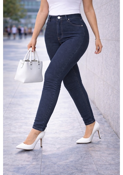 Cedy Denim Slim Fit Jean Büyük Beden Yüksek Bel Dar Kesim Esnek Kot Pantolon C597 Lacivert