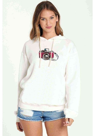 Watercolor Camera Baskılı Kadın Kapüşonlu Beyaz Sweatshirt (534804147)