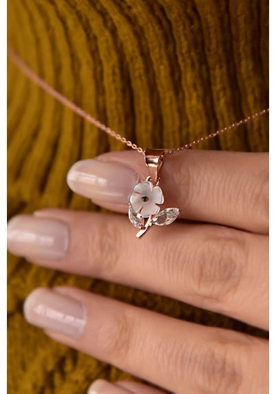 Papatya Silver 925 Ayar Gümüş Rose Kaplama Sedef Manolya Kadın Kolye