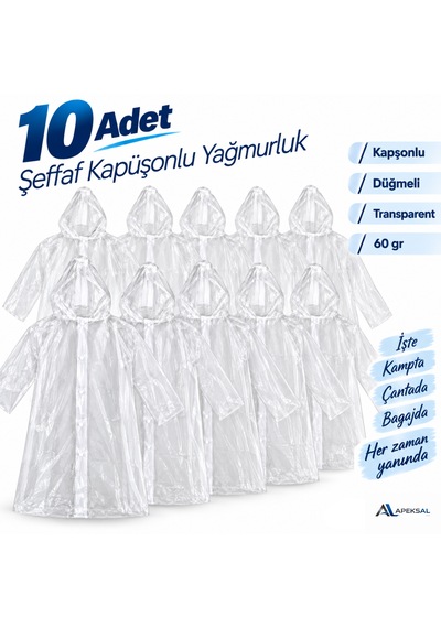 10 Adet Şeffaf Kapüşonlu Yağmurluk Düğmeli İş Kamp Seyahat Acil Durum 60 Gr
