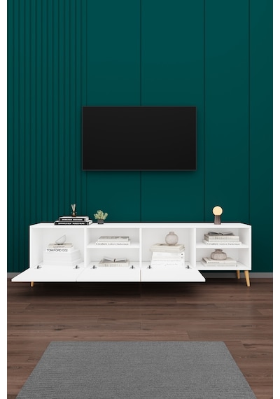 Asra Trend Tv Ünitesi T-18 %100 MDF 200 cm Büyük Boy Tv Sehpası Dolaplı Raflı Beyaz