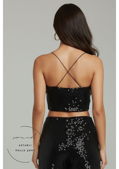 Sermoda Pullu Bluz - Pul Payetli Lastik Askılı Crop Bluz Siyah