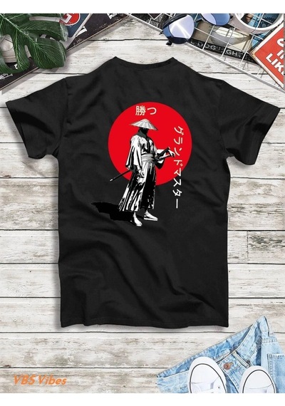 Unisex Oversize Samuray Baskılı Siyah T-shirt Siyah