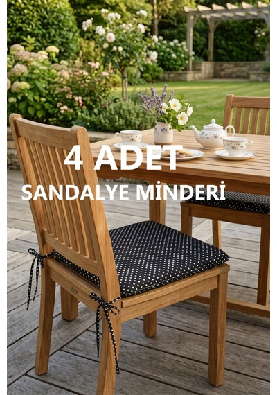 Comfort 4 Adet Sandalye Minderi Bağcıklı Özel Dikişli Süngerli Pamuklu Kumaş Sandalye Minderi Puanlı Siyah