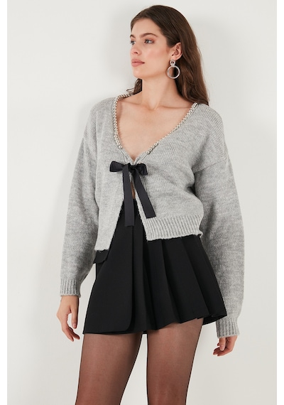 Lela Premium Boncuk Ve Fiyonk Detaylı Regular Fit V Yaka Triko Bayan Hırka 680Hi00180 Gri