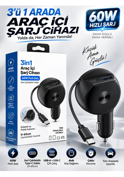 60w 3.4a Hızlı Araç Şarj Cihazı 3'ü 1 Arada Geri Çekilebilir 65cm Kablolu Type-c Usb Çakmaklık Şarj Adaptörü Siyah