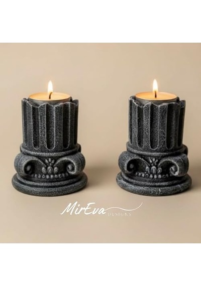 Mireva Yunan Sütunu Taş Mumluk Seti 2'li 9 Cm Tealight Şamdan, Dekoratif Obje Çok Renkli