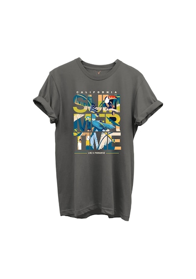 California Summertime Ve Tropikal Papağan Ve Palmiye Desenli %100 Pamuk Regular Fit Unisex T-shirt Gri California Summertime Ve Tropikal Papağan Ve Palmiye Desenli %100 Pamuk Regular Fit Unisex T-shirt Gri