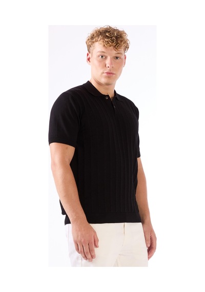 Dufy Siyah Polo Düğmeli Kısa Kollu Düz Renk Fitilli Slim Fit Erkek Triko Siyah
