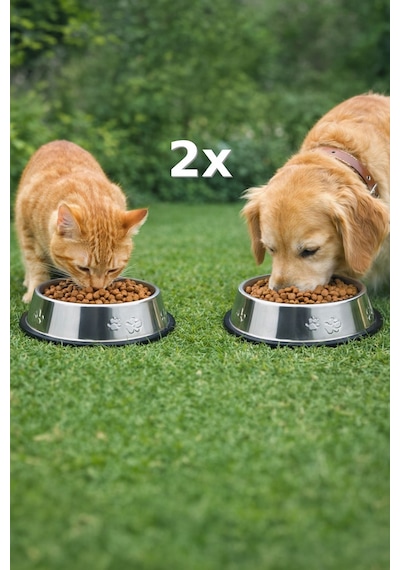 2 Adet Çelik 500 Ml. 22 Cm.gri Kedi Köpek Kaymaz Taban Mama Ve Su Kabı Mt251-2