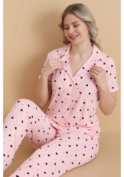 Wordex Mirano 9514 Kalpli Pembe Pegasus Kumaş Düğmeli Kısa Kolu Kadın Pijama Takımı