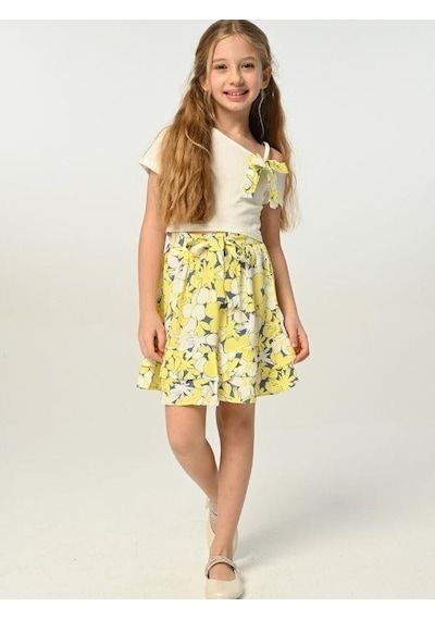Zekids Kız Çocuk Çiçek Desenli Tek Omuz Etekli Takım-13918 Ekru