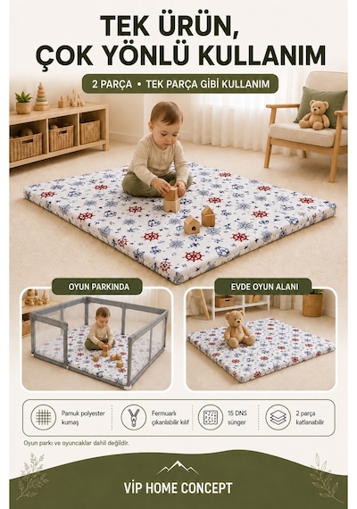 Oyun Alanına Uygun Katlanabilir Sünger Oyun Parkı Minderi Bebek Yatağı - Marin 120x120x6 CM
