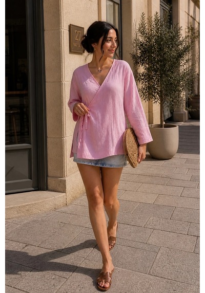 Bbbutikbasic Bağlamalı Müslin Kimono Ceket My3535 Pembe