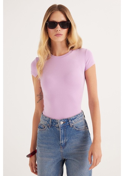 Tudors Kadın Slim Fit Dar Kesim Bisiklet Yaka Viskon Kumaş Ultra Soft Lila Tişört-34855 Lila