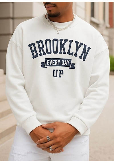 Benroma 3 İplik Penye Brooklyn Baskılı Unisex Sweatshırt Beyaz