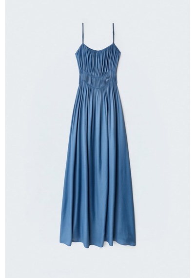 Sateen Askılı Uzun Elbise - İndigo-137496 Indigo Sateen Askılı Uzun Elbise - İndigo-137496 Indigo