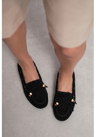 Giamgia Store Püsküllü Boncuk Detaylı Süet Makosen Loafer Ayakkabı-2364 Siyah