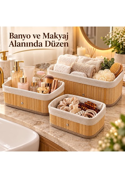 Bambu Düzenleyici Sepet Seti, Kumaş Astarlı, 3'lü Set Diğer