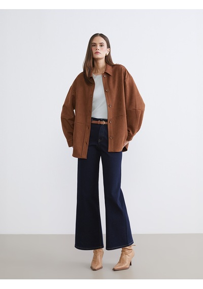 Lcw Vision Bej Oversize Kadın Süet Görünümlü Gömlek
