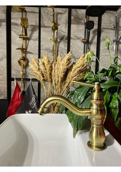İsaoğlu Yapı Antik Gold Lavabo Bataryası Mat Altın Lavabo Musluğu Altın Lavabo Bataryası Antik Eskitme Gold