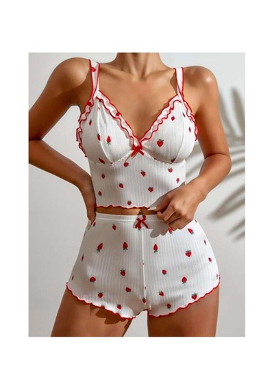 Selveta Kadın Penye İp Askılı Şortlu İnce Beyaz Gecelik Pijama Takımı Çok Renkli
