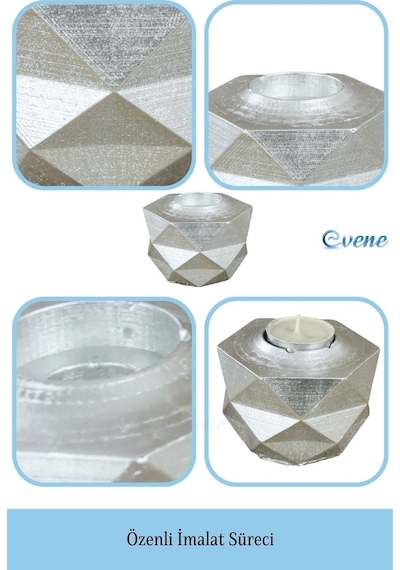 Mumluk Şamdan Tealight Ve İnce Mum Uyumlu Prizma Model - Gümüş