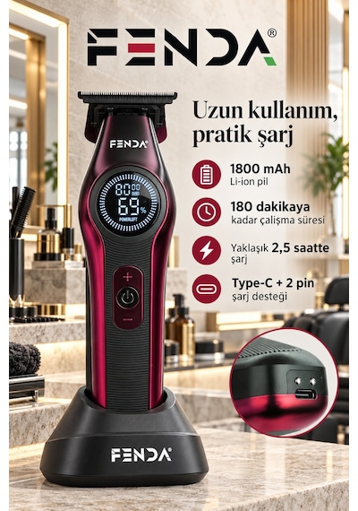 Fenda Profesyonel Bldc Motor 8000 Rpm Tıraş Makinesi Kırmızı