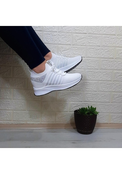 M.p 1669 Beyaz İçten Gizli Topuk 7cm Taşlı Kadın Spor Ayakkabı 001