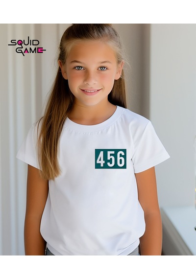 Aselinda Squid Game 2 No 456 Baskılı Bisiklet Yaka Tişört/t-shirt- %100 Pamuklu Unisex Tişört Beyaz