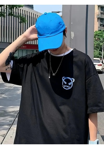Erkek Tişört Bisiklet Yaka Kore Tarzı Baskı Kısa Kol T-shirt - Siyah